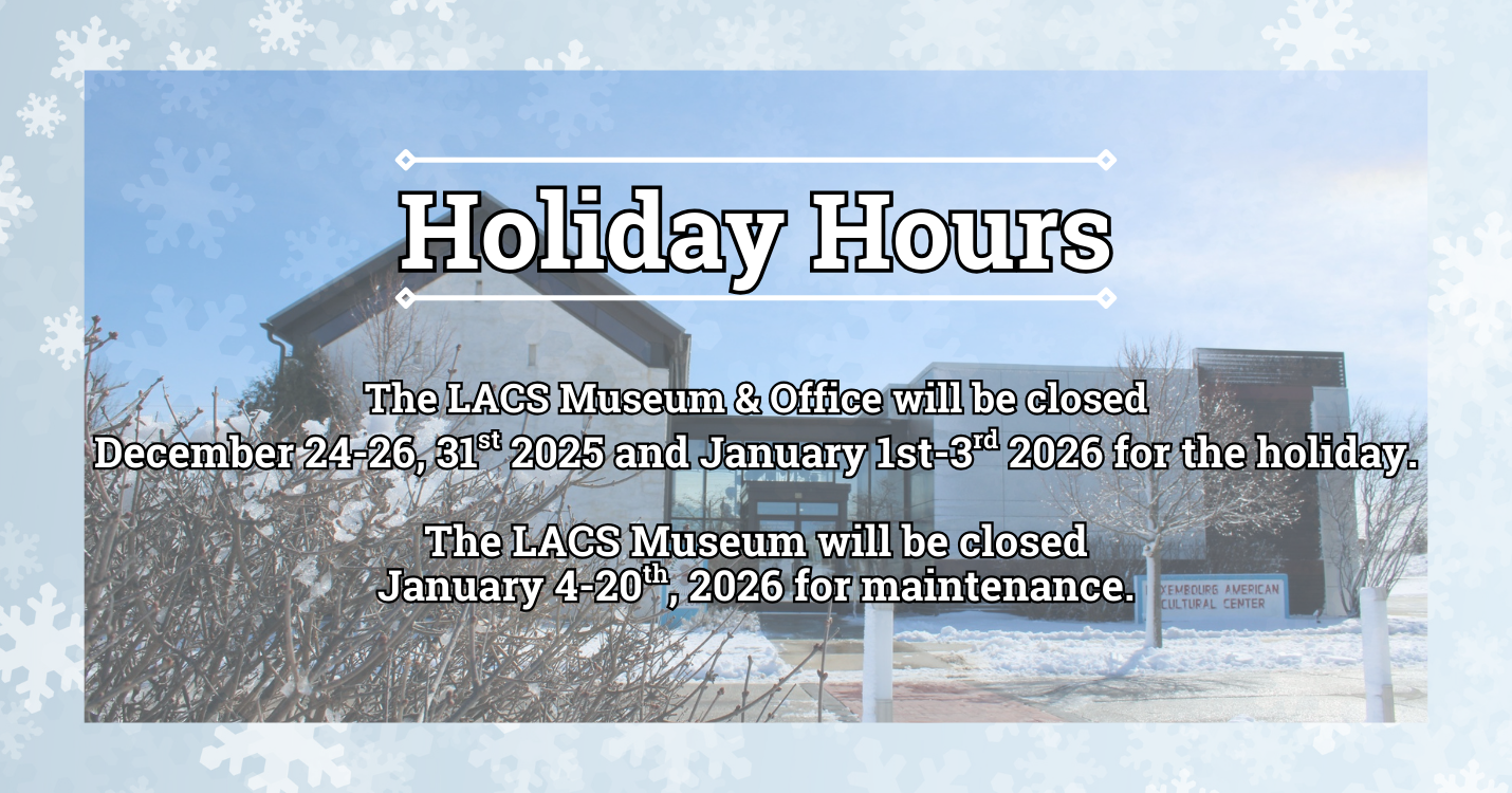 Image of the museum and snowflakes with text ontop saying Holiday Hours: 