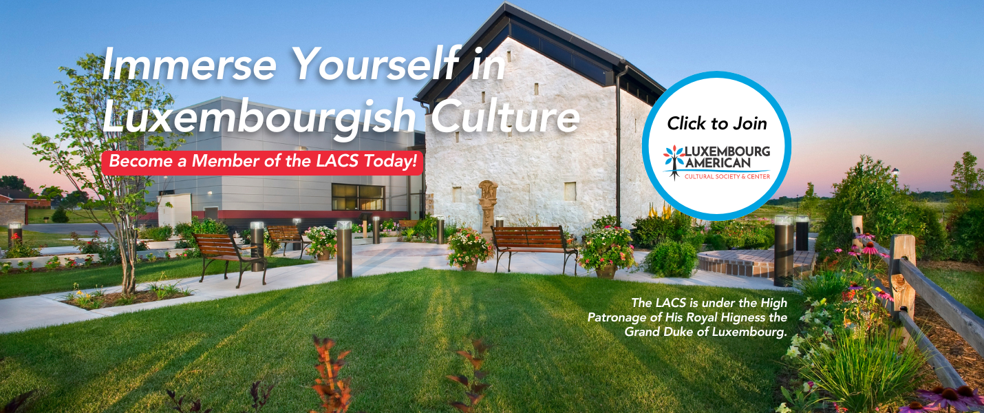 Luxembourg American Cultural Society and Center building at sunset with text in the foreground, 