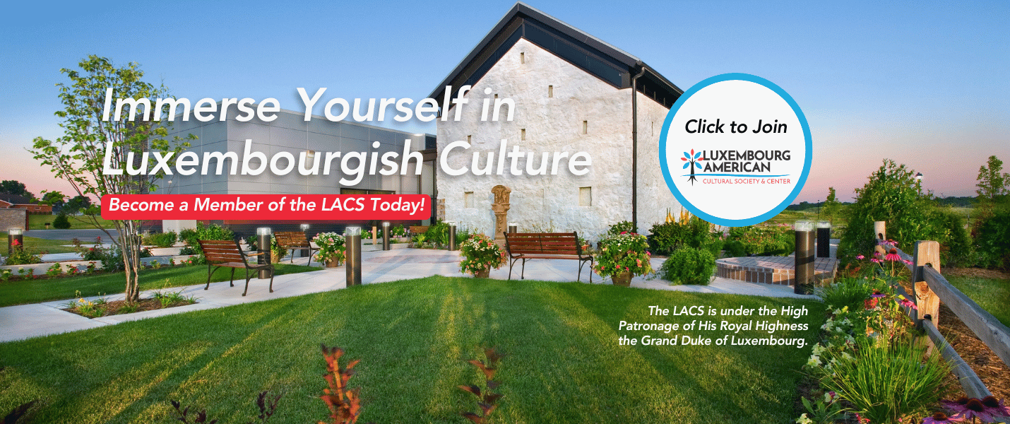 Luxembourg American Cultural Society and Center building at sunset with text in the foreground, 