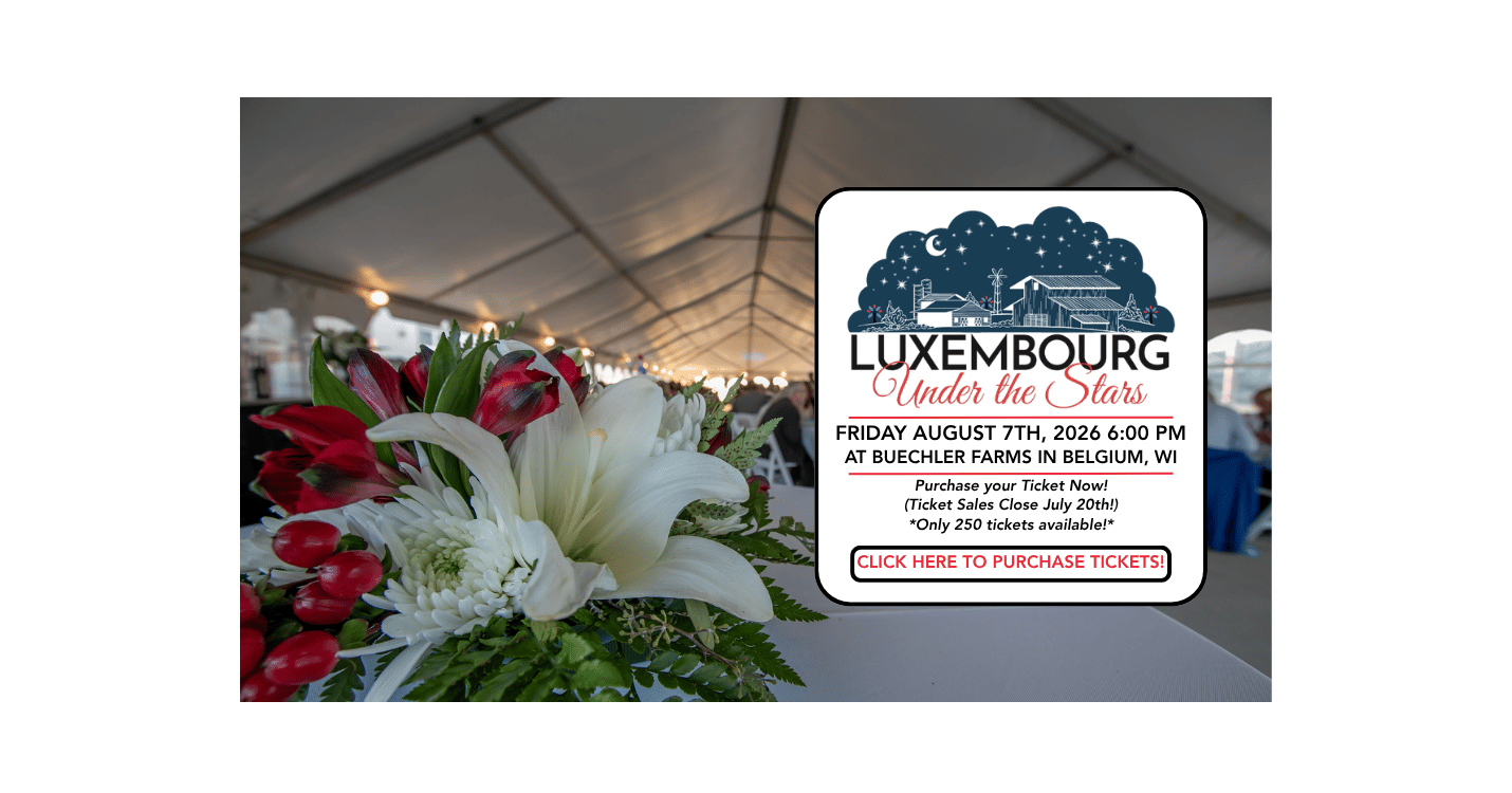 White flowers with red accents sitting on a table in the background with the Luxembourg Under the Stars Logo and text in the foreground, 