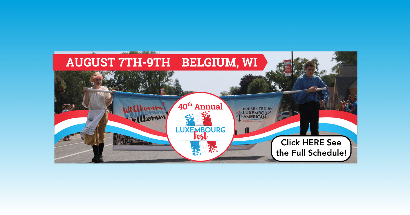 Blue to white ombre background. Image of a girl (left) and boy (right) holding a sign that says 40th Annual with the Luxembourg Fest Logo. Text, 