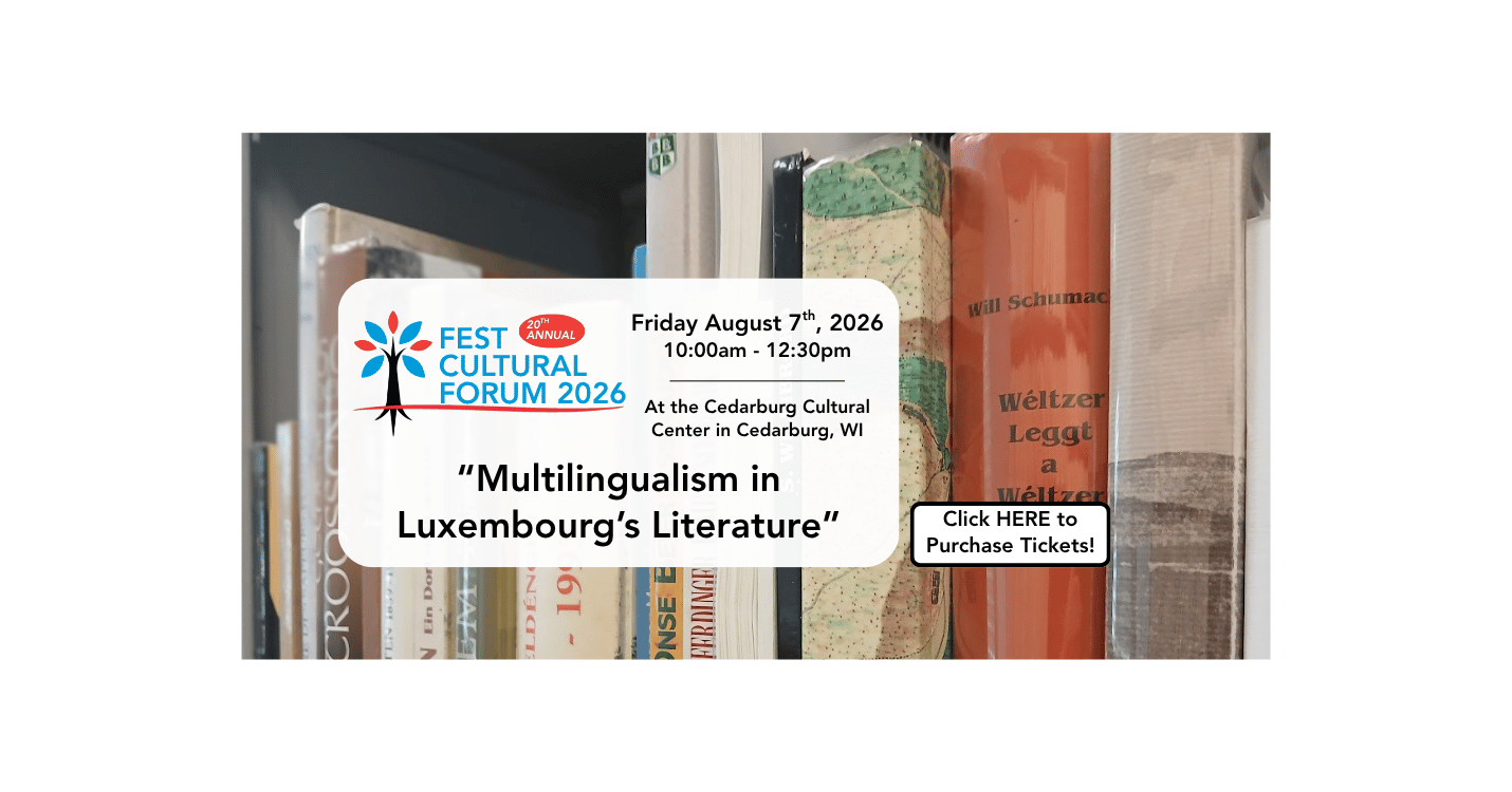 Bookshelf in background with Luxembourg Fest Cultural Forum 2026 Logo and text, 