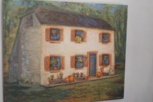 Painting of the Marnach House (stone building with 6 windows and a door on the front)